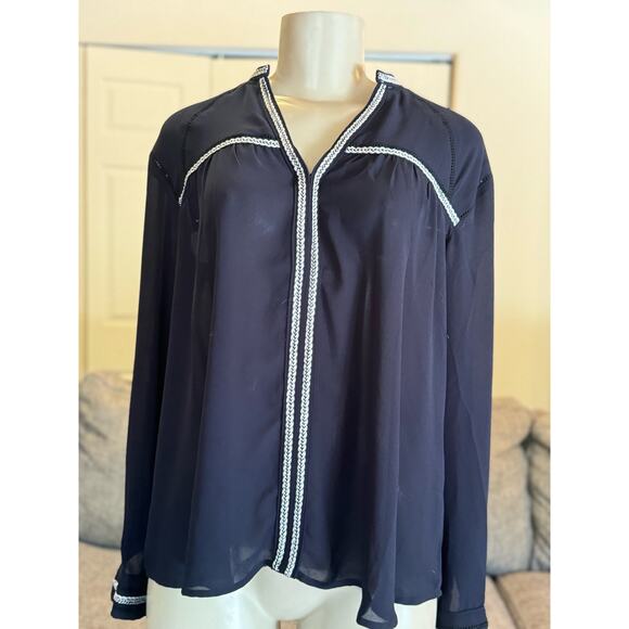 Greylin Split Neck Long Sleeve Crochet Trim Hook & Eye Chiffon Blouse Navy - Picture 2 of 7